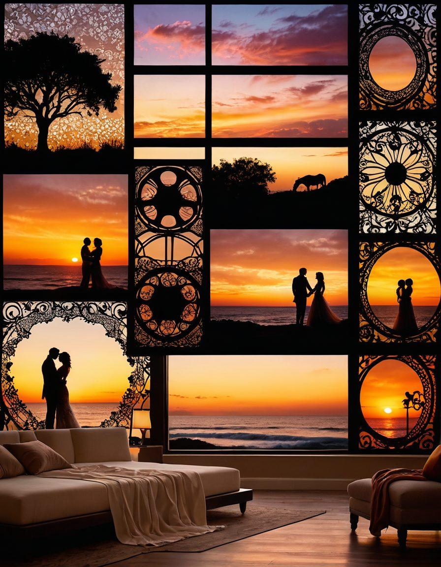 A visually captivating collage featuring elegant film reels intertwined with sensual silhouettes, evoking intimacy and storytelling. Incorporate soft, warm lighting that enhances the allure, while highlighting artistic elements like delicate lace and flowing fabrics. Add subtle hints of a vibrant sunset in the background to convey emotional depth and passion. The overall tone should be inviting and thought-provoking. super-realistic. vibrant colors. soft focus.