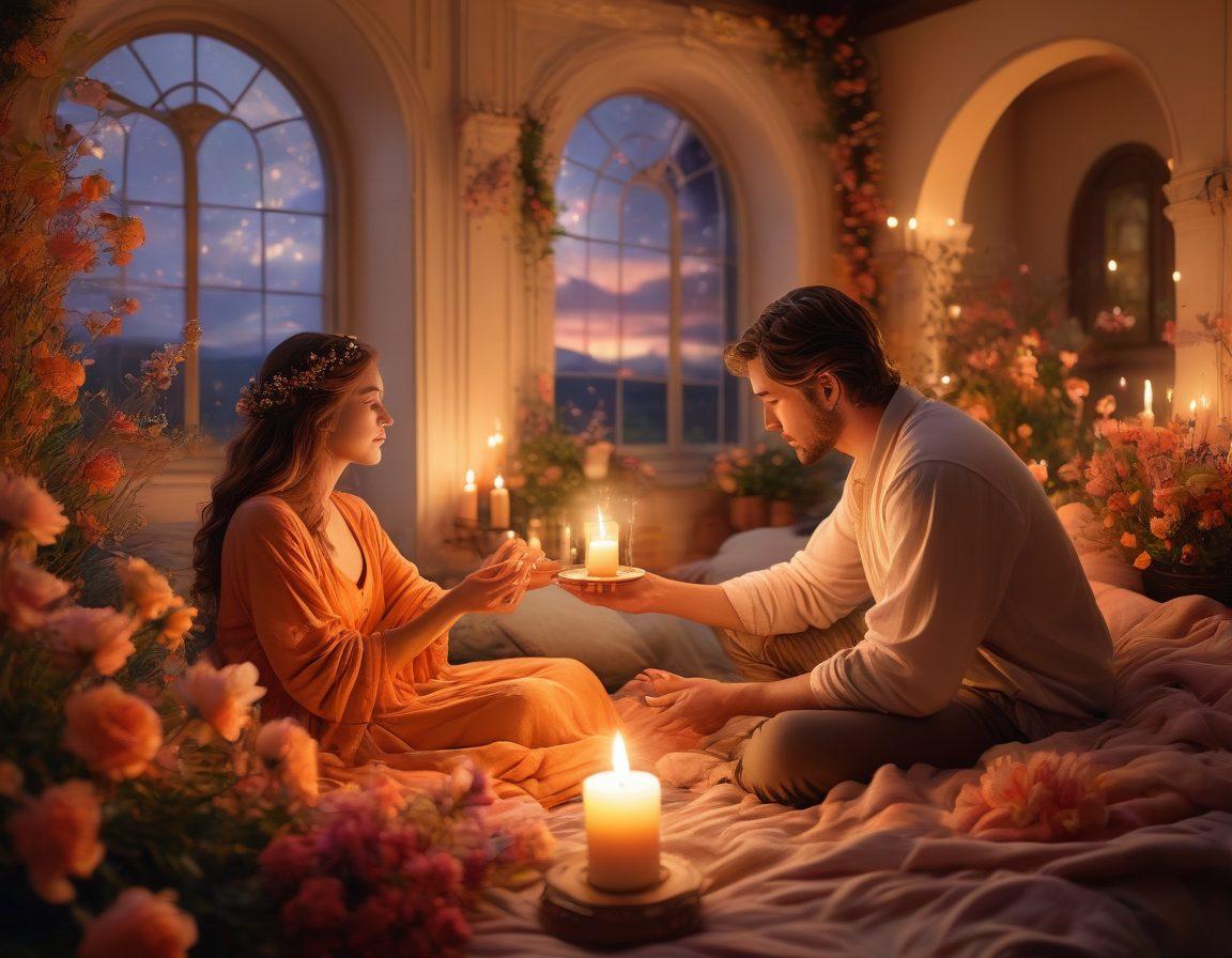 A dreamy transition from a fantasy landscape into a cozy, intimate setting, featuring a couple exploring their desires. Ethereal elements like swirling clouds and vivid stars blend seamlessly into warm hues of candlelight and soft textiles. Include subtle symbols of connection like entwined hands and delicate flowers. Inviting yet mysterious atmosphere, capturing the essence of intimacy. vibrant colors. super-realistic.